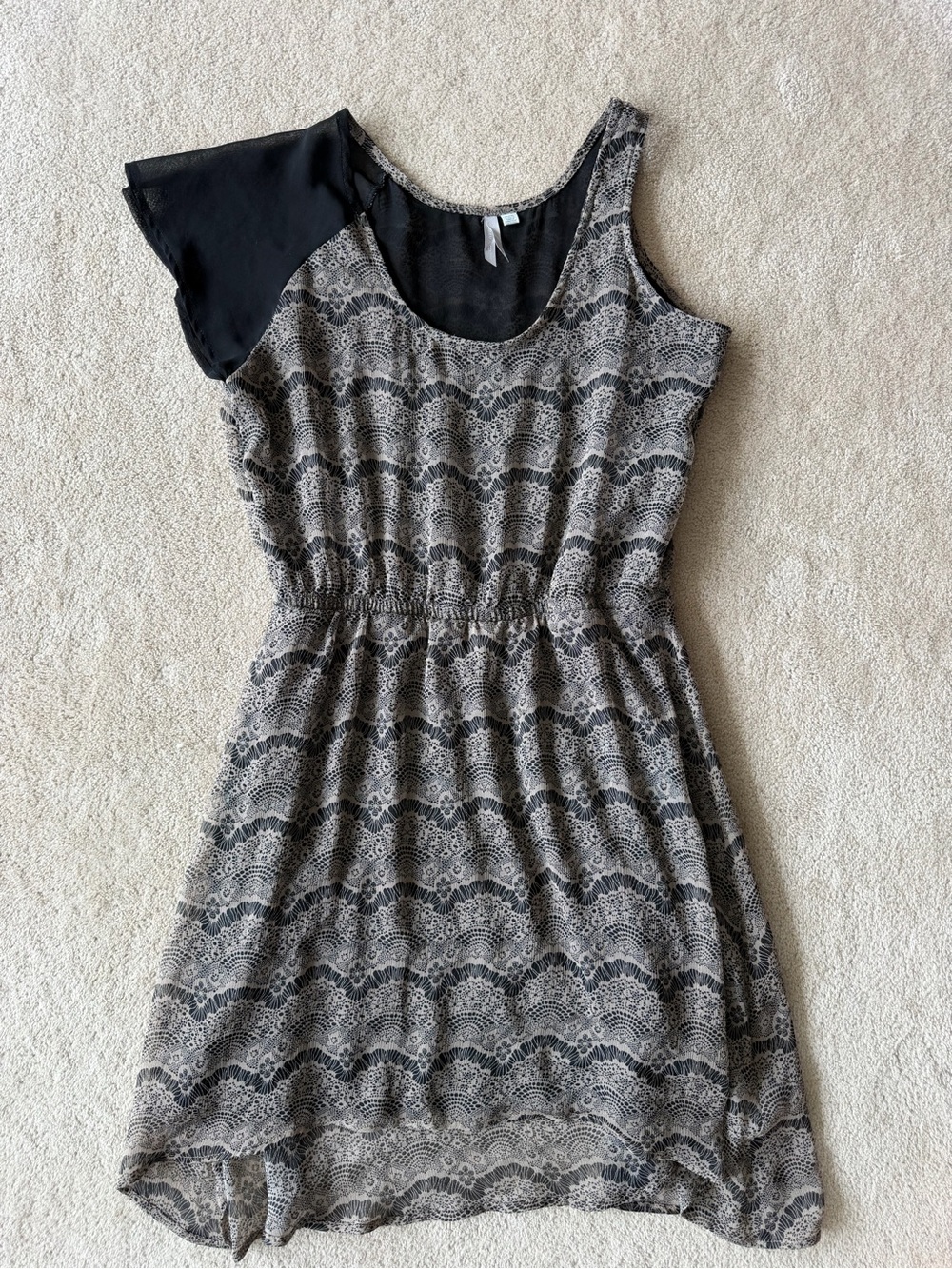 Orb Black and Cream Asymmetrical Lace-Print Dress